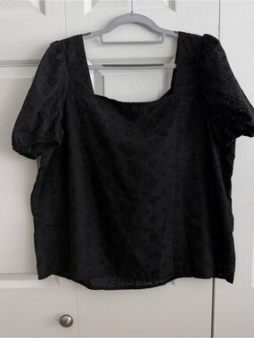 SHEIN Black Eyelet Square Neck Puff Sleeve Blouse